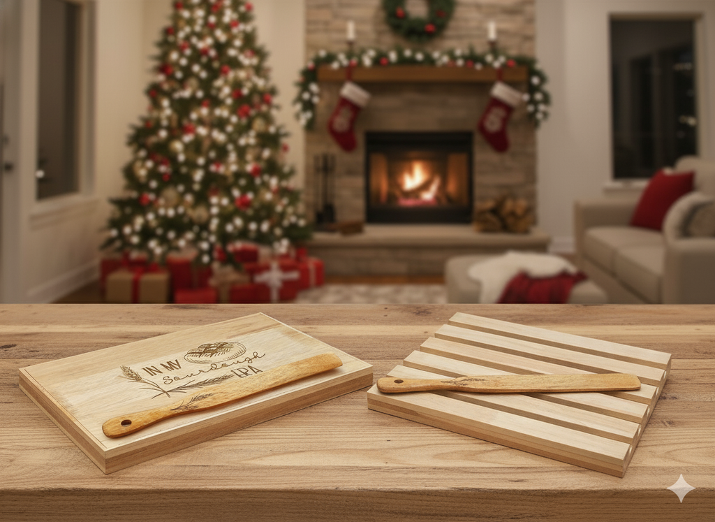 Wooden cutting boards with a spurtle on a table in a festive living room with Christmas decorations.