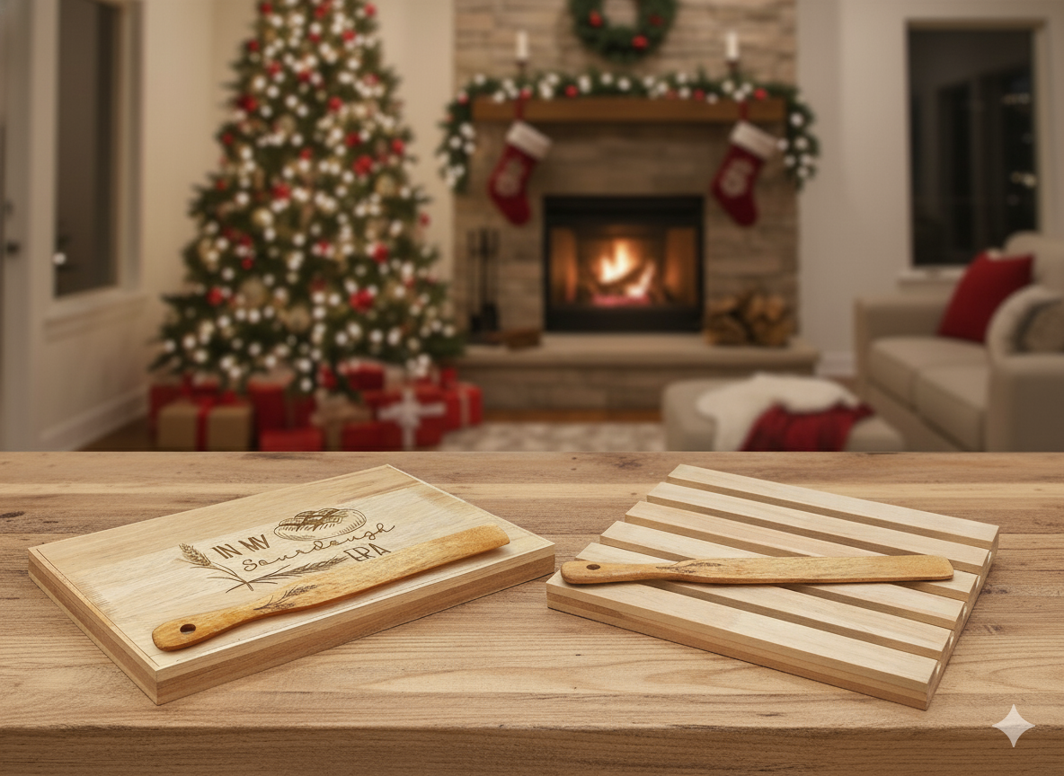 Wooden cutting boards with a spurtle on a table in a festive living room with Christmas decorations.